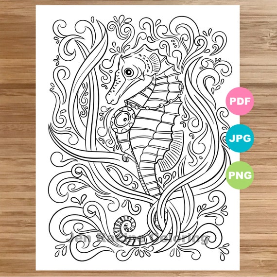 Seahorse coloring page magical animal animal art coloring page printable coloring pages for adults coloring pages for kids