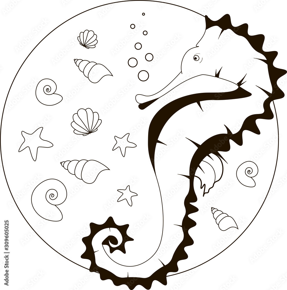 Seahorse in sea illustration sea horse template in black and white lines sea