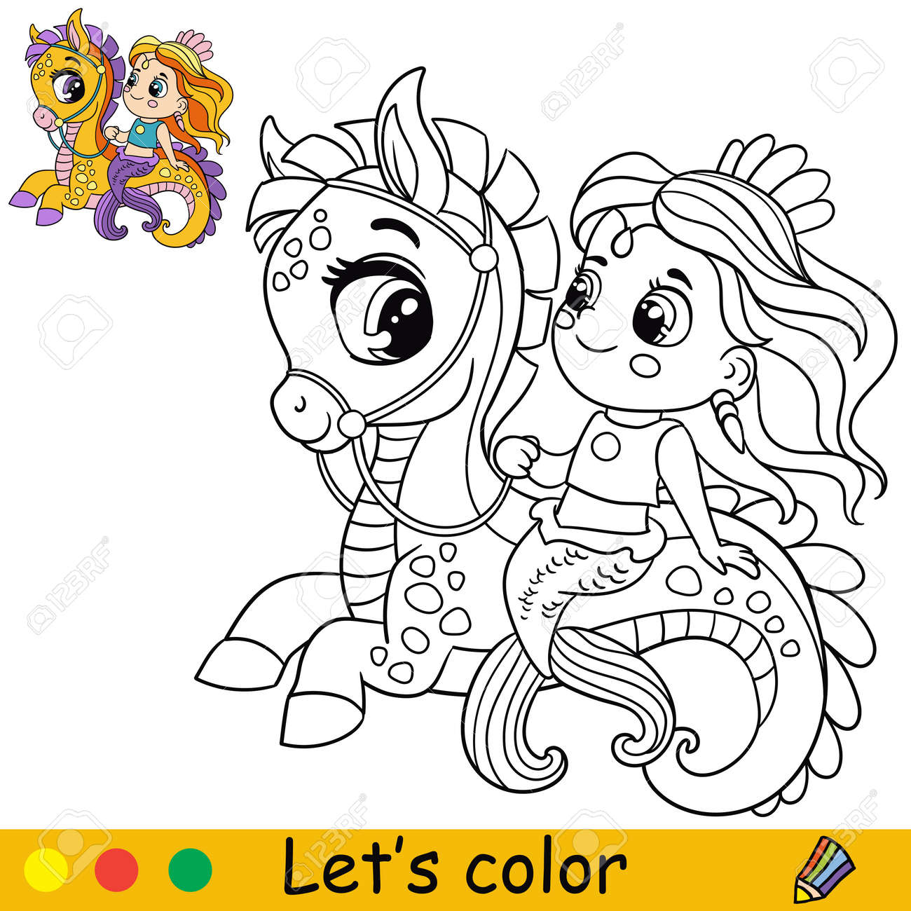 Cute little mermaid riding a seahorse coloring page and colorful template for preschool and school kids education royalty free svg cliparts vectors and stock illustration image