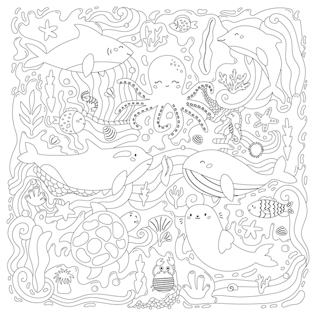 Premium vector coloring page for adults and kids marine life cartoon sea and ocean animals hand drawn underwater plants seaweeds and corals anti stress doodle coloring book black and white vector