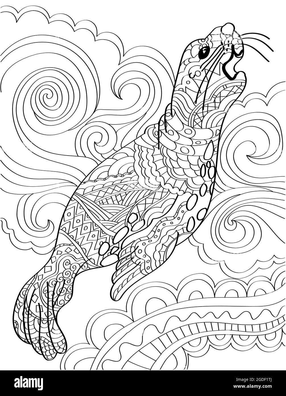 Large sea lion looking up growling with swirly background colorless line drawing huge seal standing upward coloring book page stock vector image art