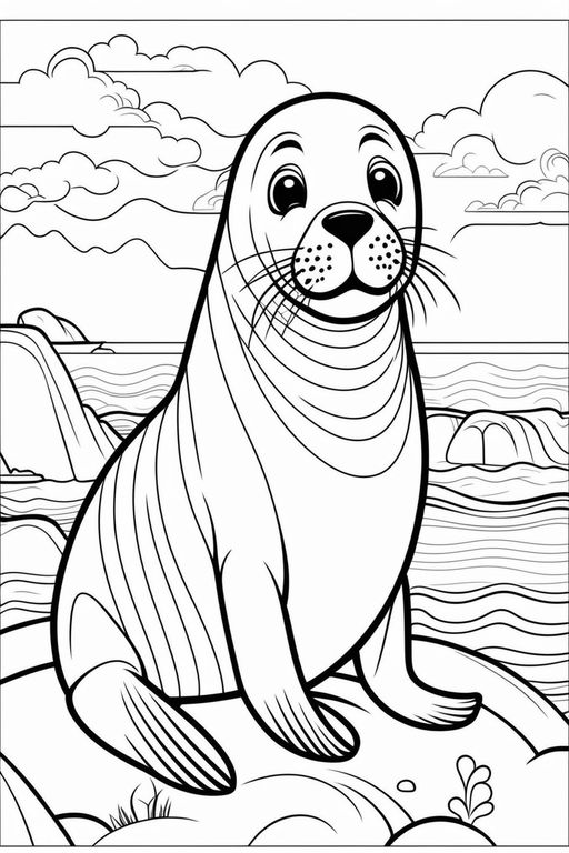 Coloring page of a seal in its habitat