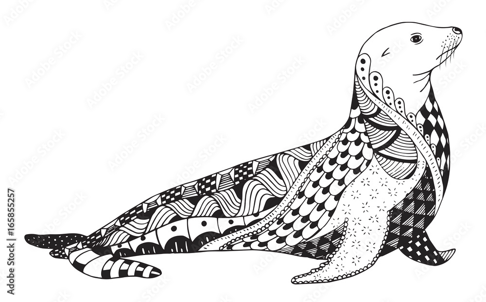 Sea lion zentangle stylized seal vector illustration freehand pencil hand drawn pattern anti stress coloring book for adults and kids vector