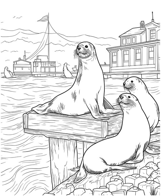 Premium vector sea lions coloring page for adults