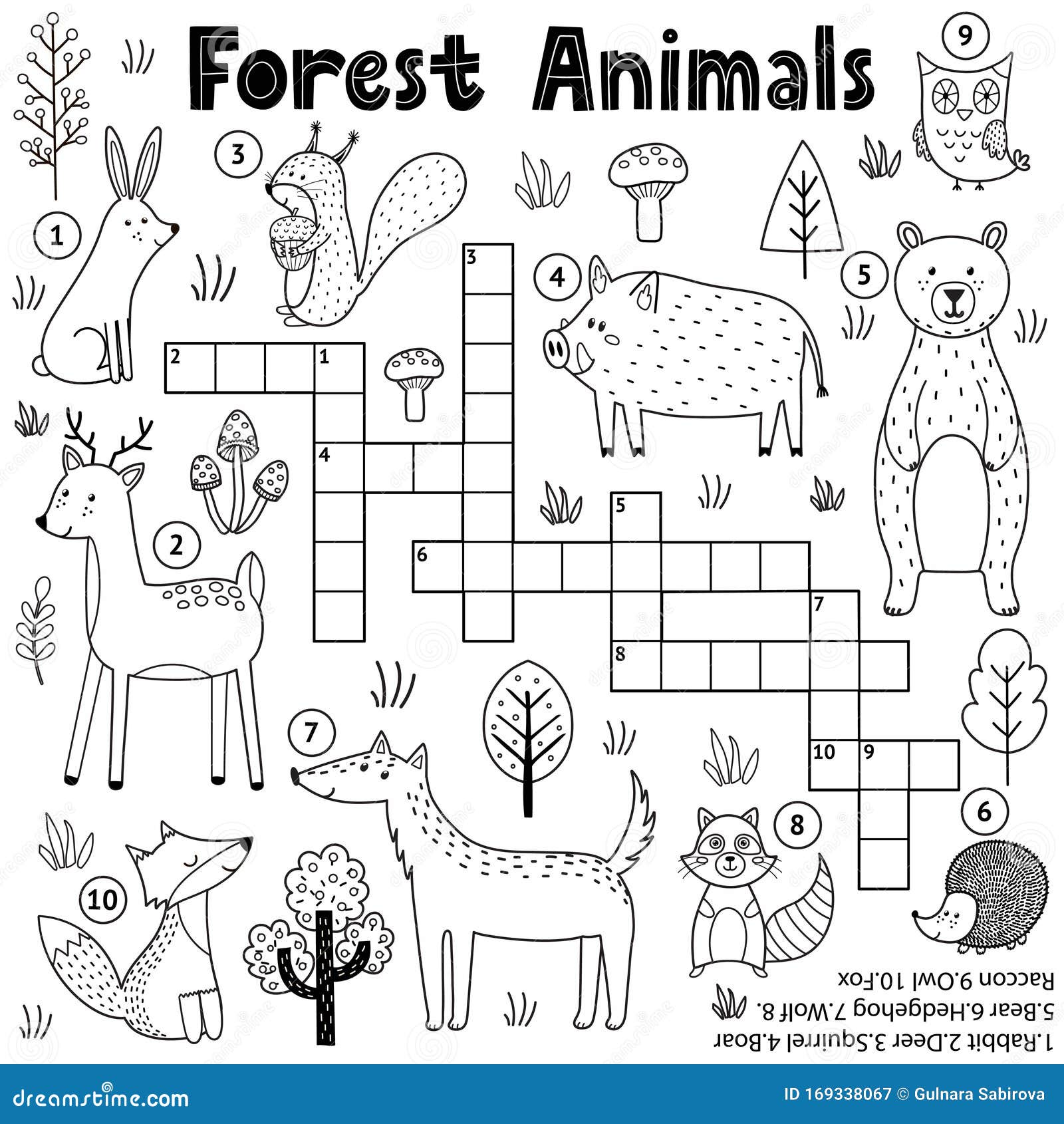 Black and white crossword for kids with forest animals woodland coloring page stock vector