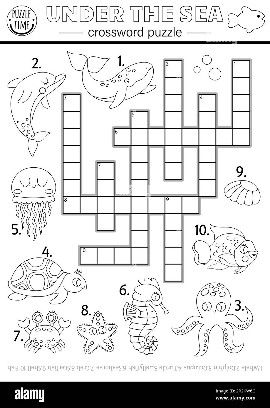 Vector black and white under the sea crossword puzzle for kids simple line ocean life quiz with for children educational marine activity coloring p stock vector image art