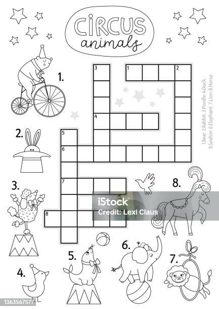 Vector circus crossword puzzle for kids simple black and white amusement show quiz with funny animal