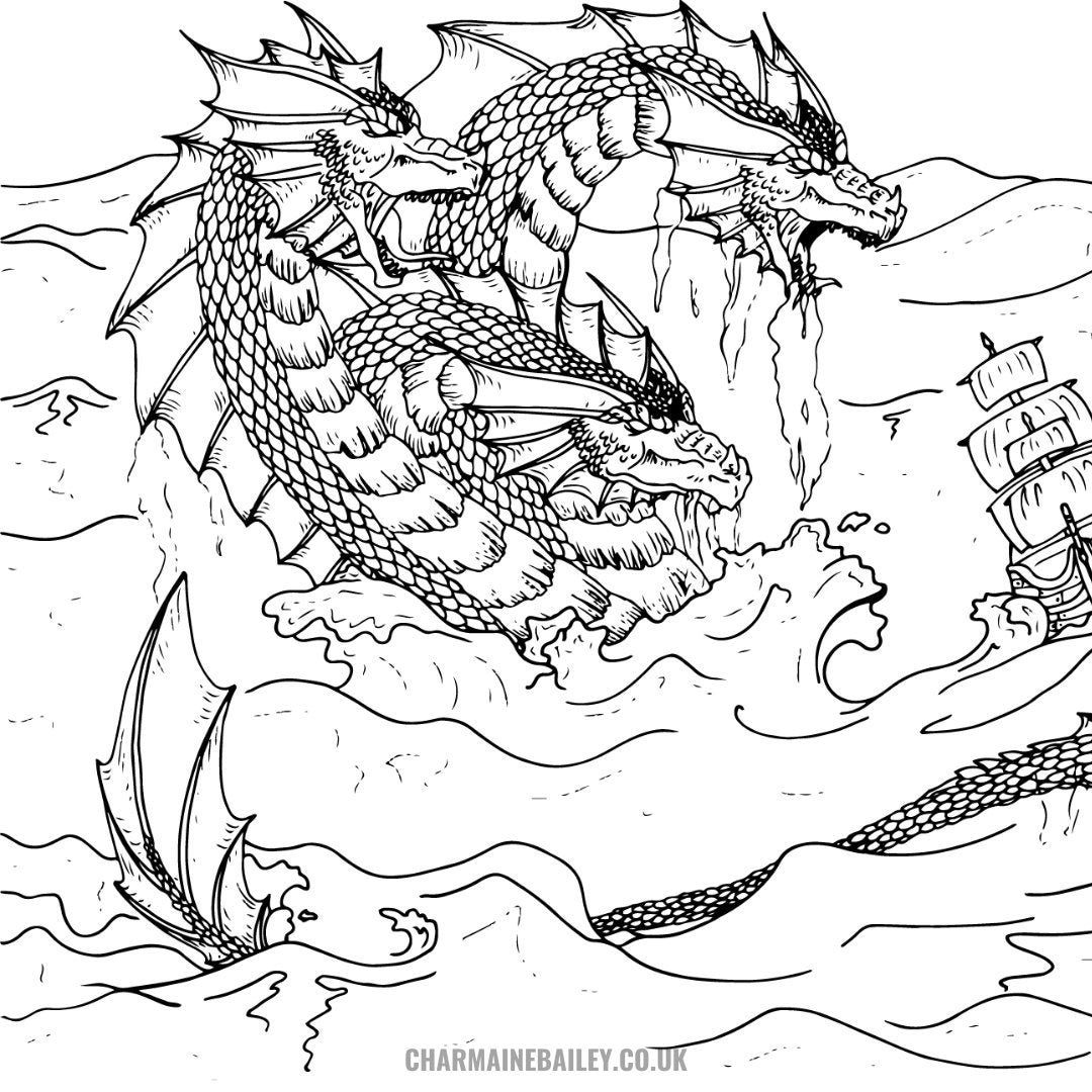 Hand drawn fantasy art colouring page three headed dragon at sea in black serpia and grey for colourist preference