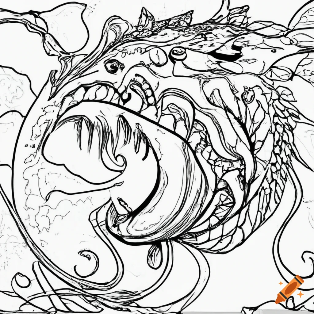 Black white line drawing coloring page detailed water spirit on