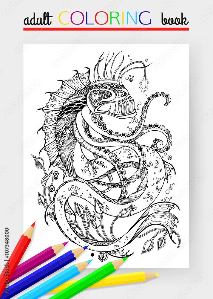 Adult coloring page with sea monster sea monster vector sea monster isolated sea monster cartoon sea monster design anglerfish vector vector