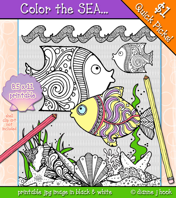 A printable coloring page of sea life and underwater fun by dj inkers