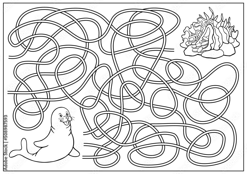 Kids maze game and labyrinth children education riddle and coloring book find way for the seal to treasure education activity page and worksheet cartoon sea vector illustration vector