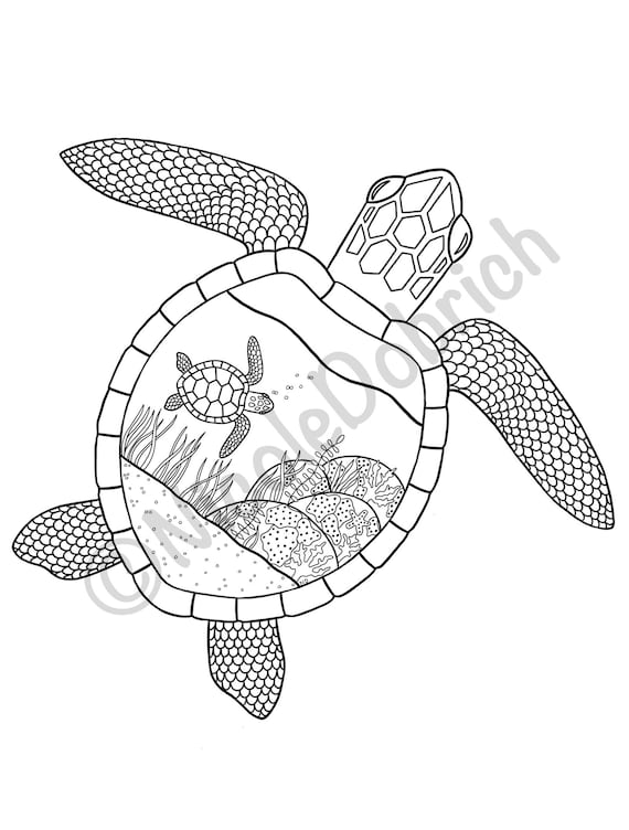 Sea turtle shell ocean scene printable adult coloring page instant download adult coloring book instant print kids coloring page