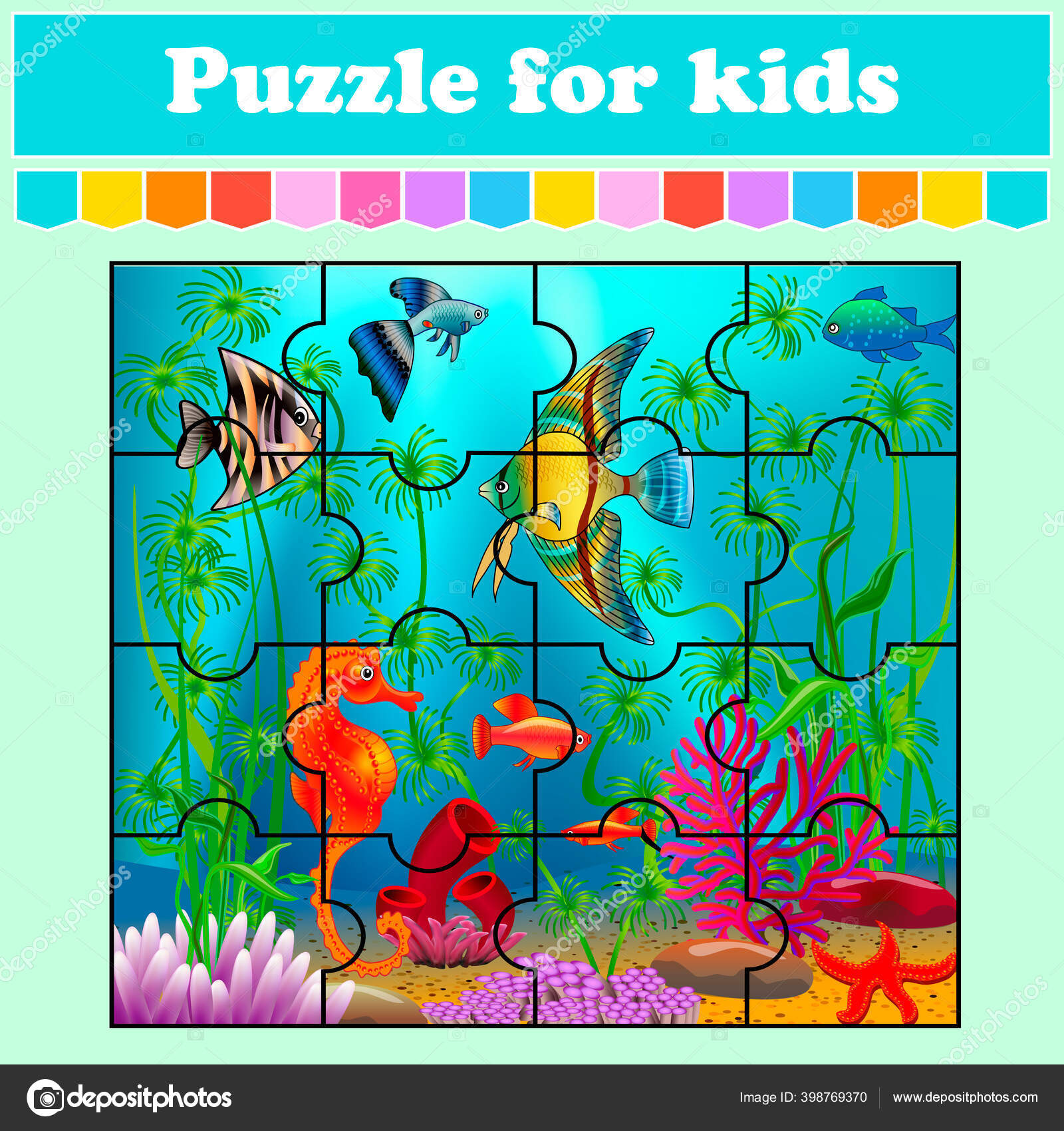 Puzzle game kids fish sea education worksheet color activity page stock vector by yurkina