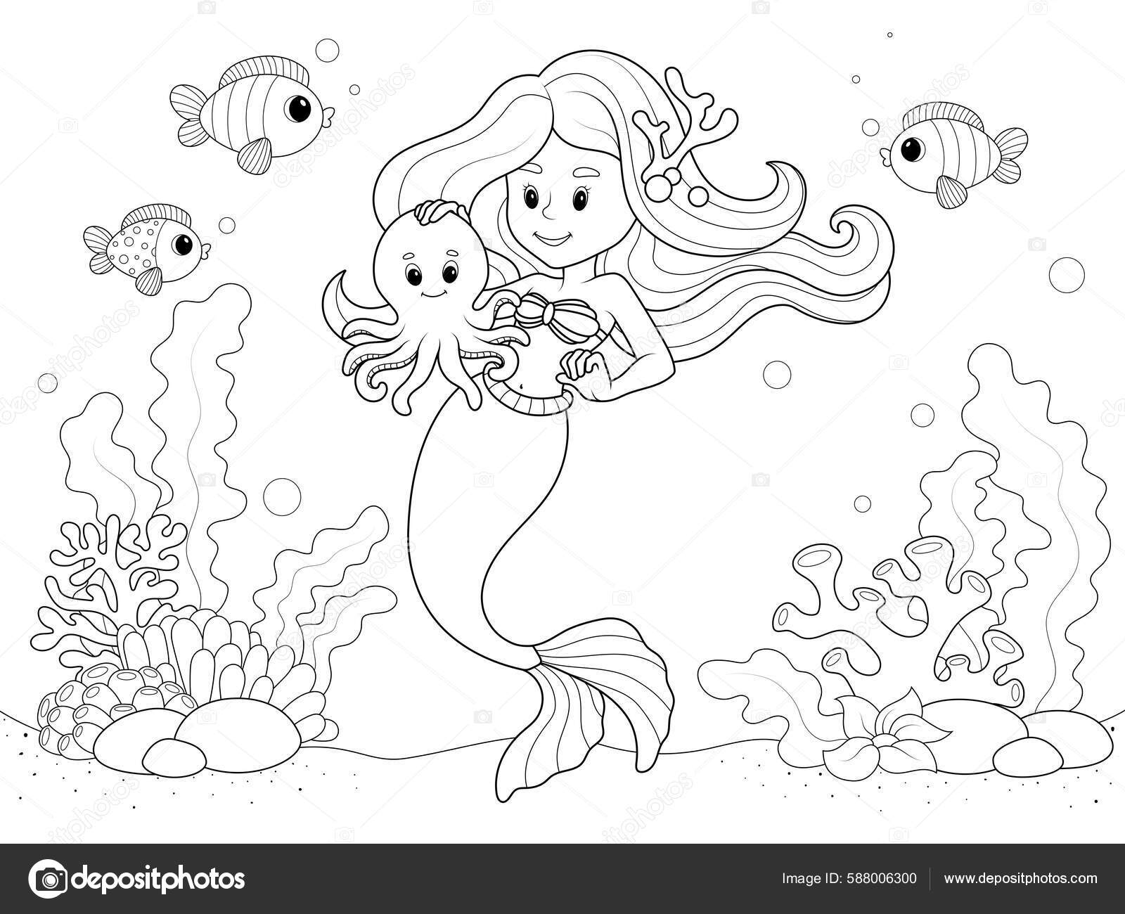 Mermaid seabed sea animals vector illustration page printable children coloring stock vector by toricheksgmail