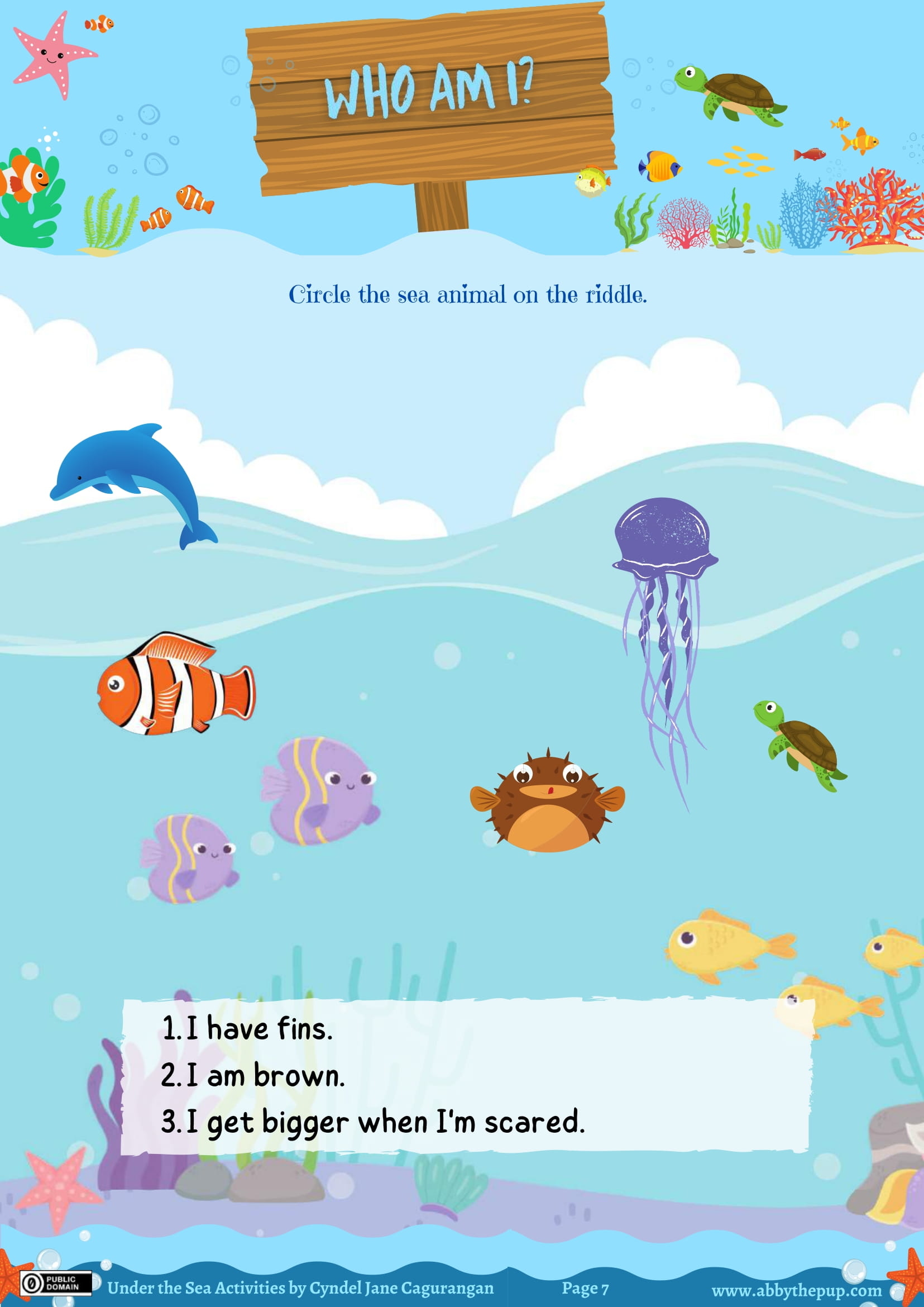 Circle the sea animal on the riddle free printable puzzle games