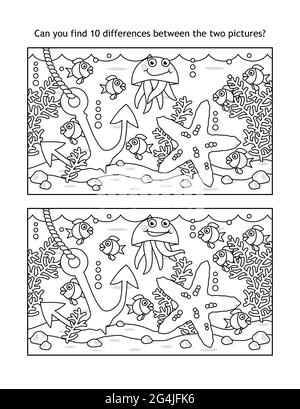 Find ten differences underwater visual puzzle and coloring page sea life black and white suitable both for kids and adults stock vector image art