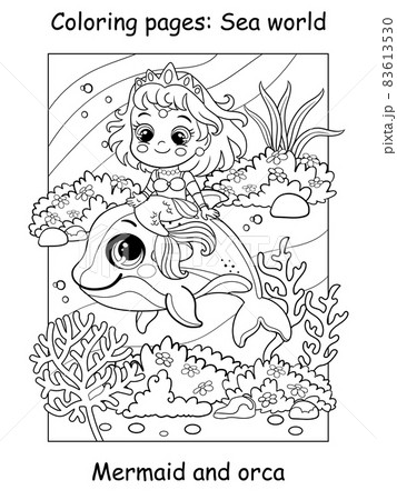 Coloring book page cute mermaid rides an orca