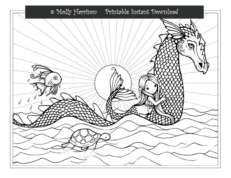 Cute mermaid riding sea serpent fish and turtle coloring page line art whimsical world by molly harrison fantasy art instant download