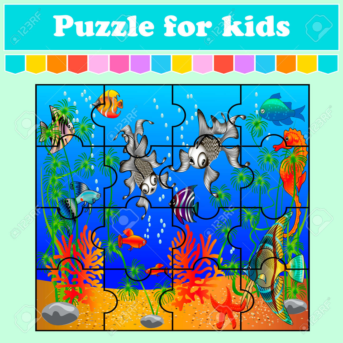 Puzzle game for kids fish in the sea education worksheet color activity page riddle for preschool isolated vector illustration cartoon style royalty free svg cliparts vectors and stock illustration image