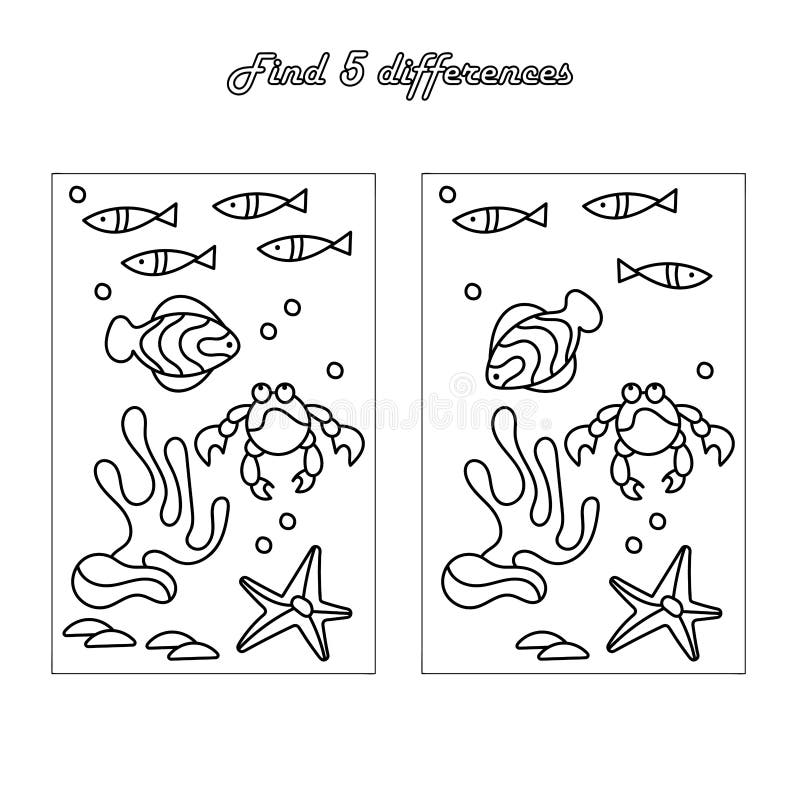 Find different puzzles and coloring pages underwater world fish and algae black and white illustration stock vector