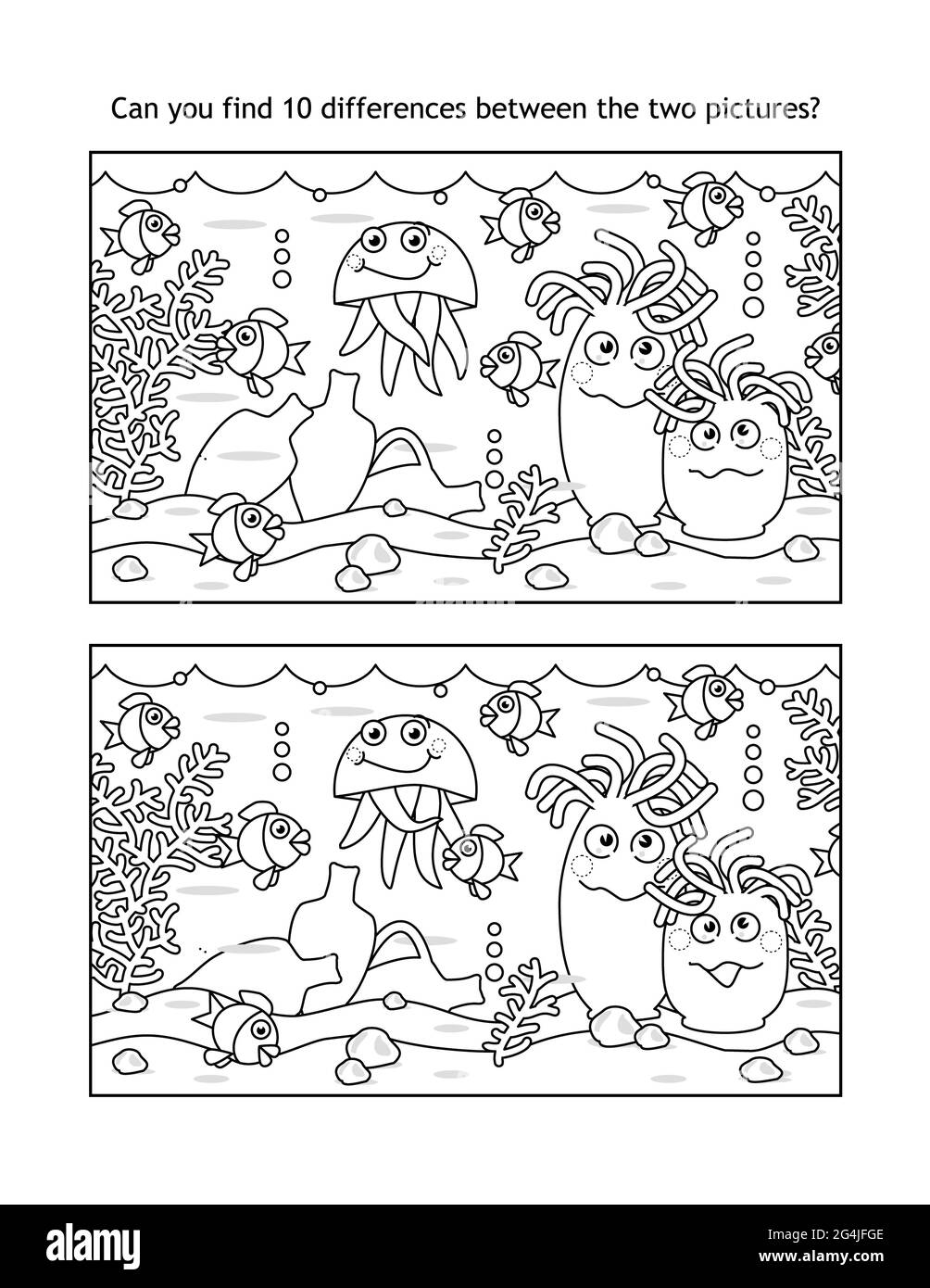 Find ten differences underwater visual puzzle and coloring page sea life black and white suitable both for kids and adults stock photo