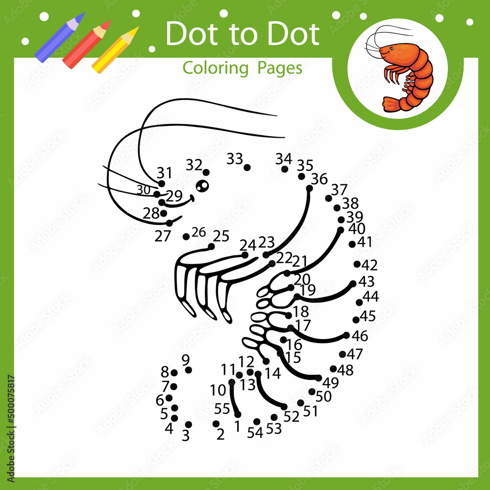 Dot to dot game with sea shrimp connect drawing by numbers of prawn kids activity page with riddle and coloring book children vector printable education worksheet vector