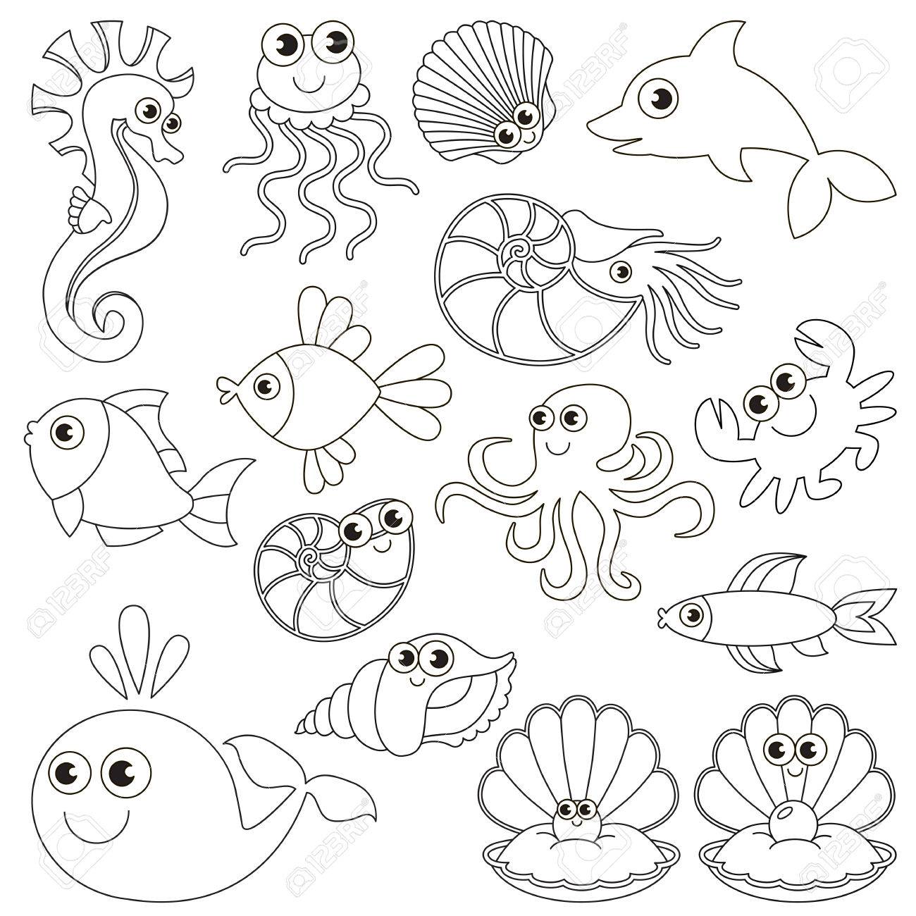 Sea underwater animals set to be colored the big coloring book for preschool kids with easy educational gaming level royalty free svg cliparts vectors and stock illustration image