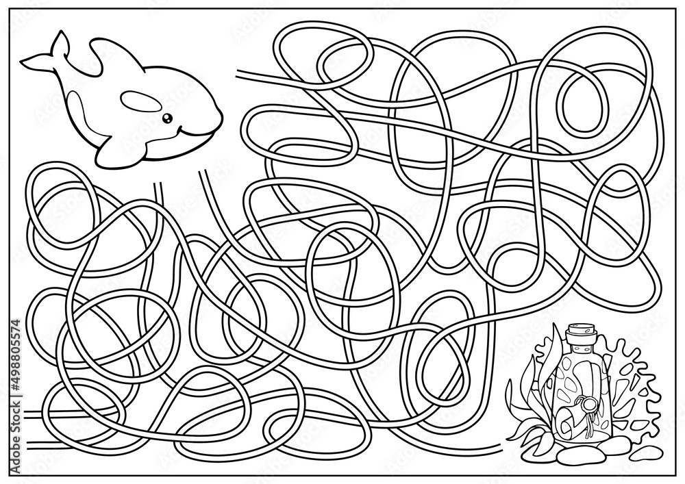 Maze game and labyrinth for children kids riddle and coloring book find way for sea fish education activity page and worksheet cartoon vector illustration of cute killer whale