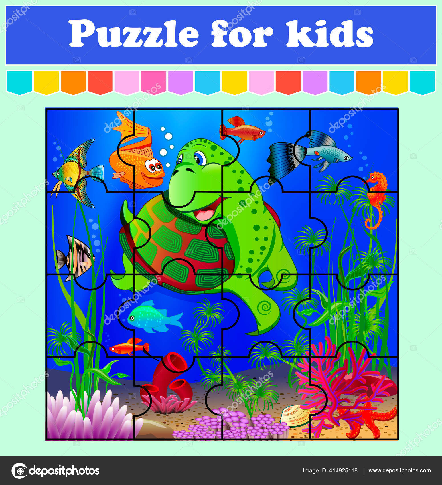 Puzzle game kids fish sea education worksheet color activity page stock vector by yurkina