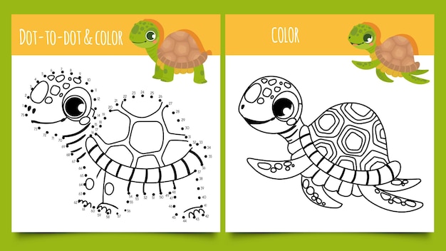 Premium vector turtle games dot by dot and coloring game with cute turtles vector illustration funny happy tortoises drawn with contour lines puzzle or riddle for children with aquatic and terrestrial