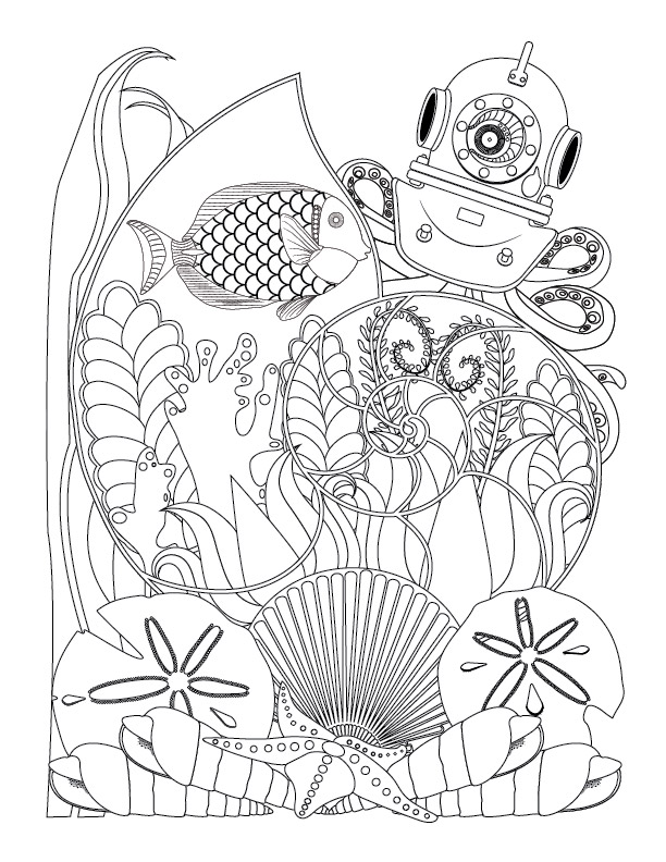 Fantasy nautilus octopus and assorted seashells coloring page for adults