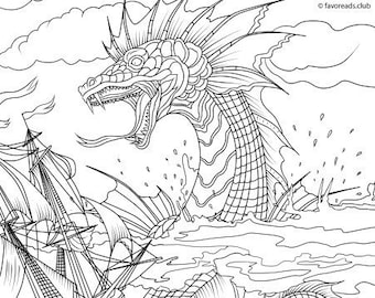 Sea monster printable adult coloring page from favoreads coloring book page for adults and kids coloring sheets coloring designs