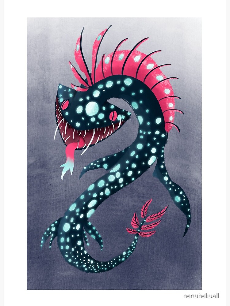 Scary deep sea monster serpent illustration art board print for sale by narwhalwall