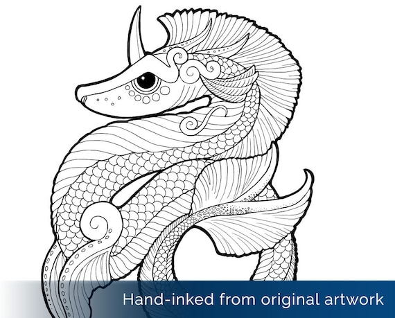 Water dragon coloring page sea serpent leviathan sea creature fantasy art magical creature easy to color printable digital download