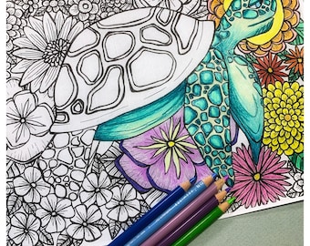 Sea turtle printable coloring page floral design coloring digital download adult coloring ocean life coloring page hand drawn coloring download now