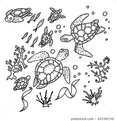 Sea turtles hand drawn doodle coloring book