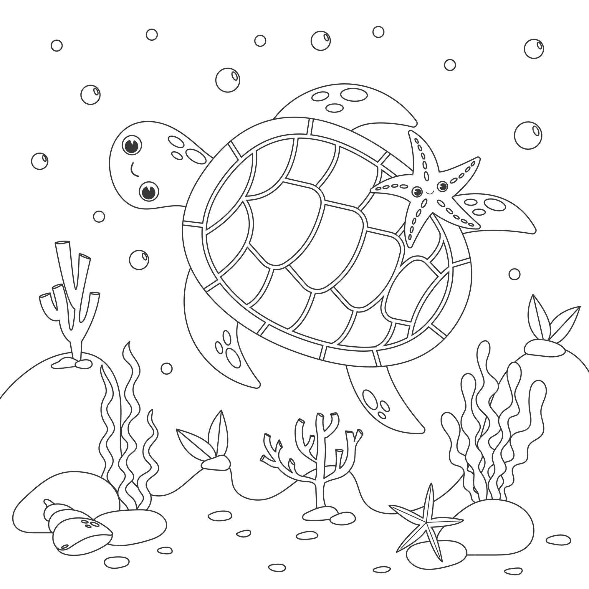 Premium vector coloring page little cute sea turtle swims underwater with bubbles and smiles