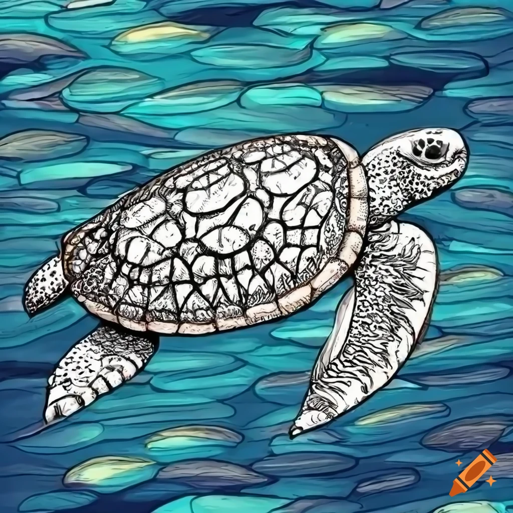 A clean coloring book page of a sea turtle in the ocean surrounded by water with traditional hawaiian pattern on its shell black and white with sharp lines on