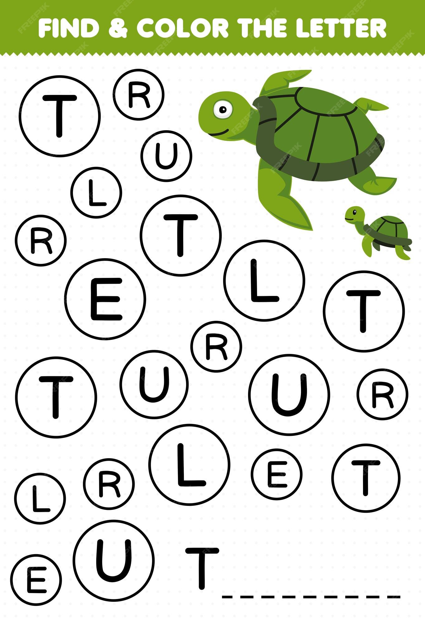 Premium vector education game for children find and color letter t for turtle printable underwater worksheet