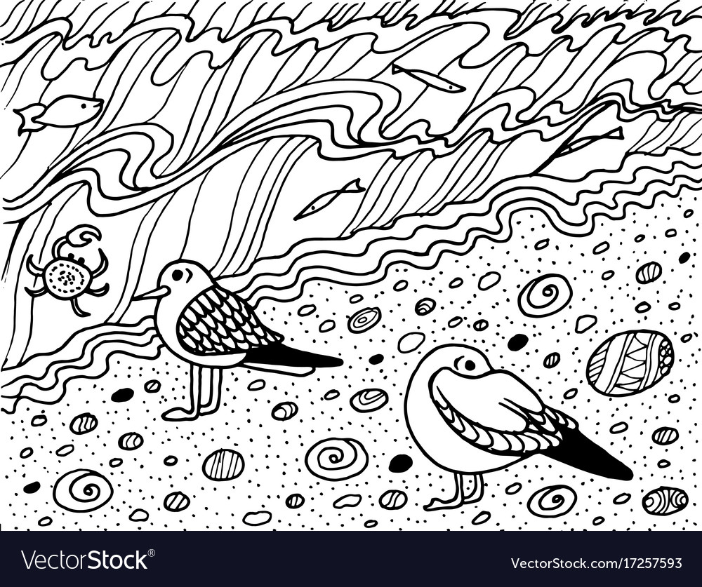 Coloring page with seagull and sea royalty free vector image