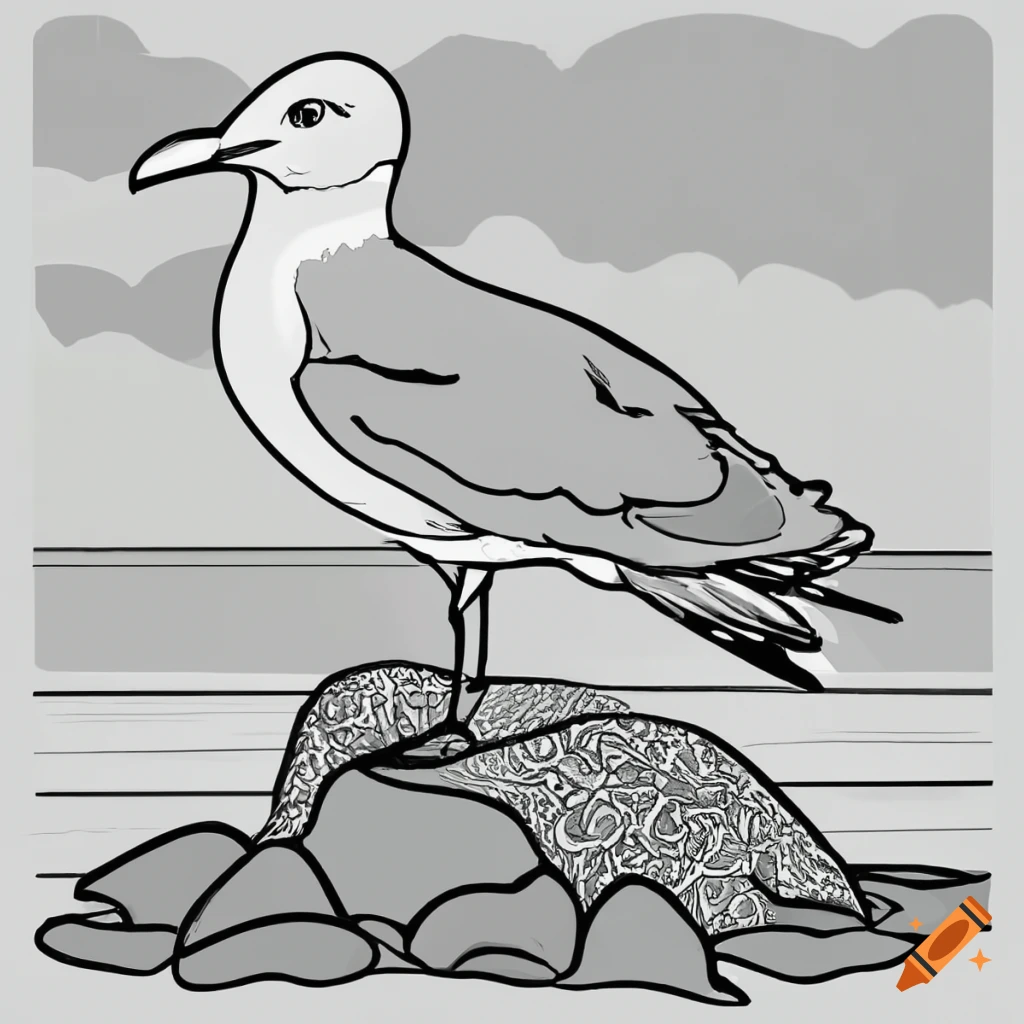 Blank coloring book style lineart seagull on a rock on the beach on