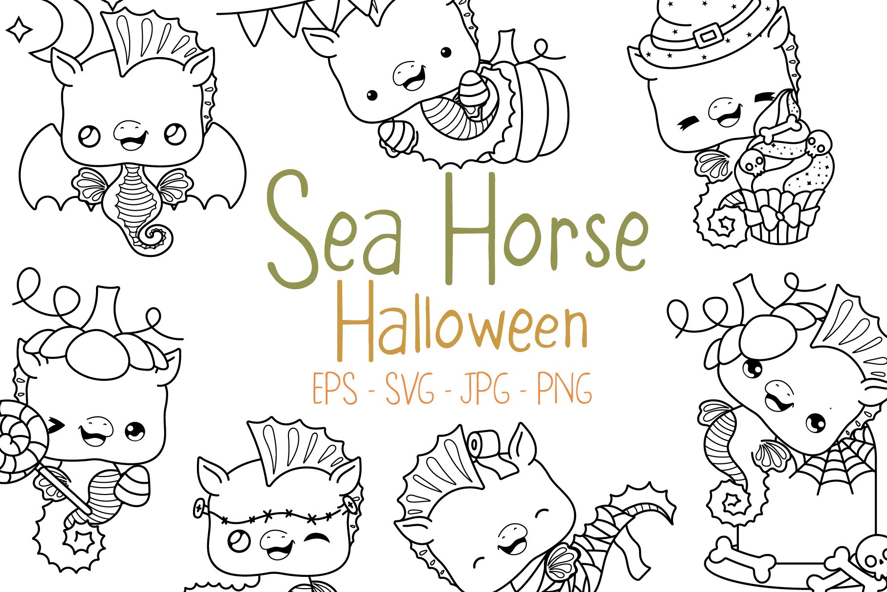 Set halloween seahorse coloring page