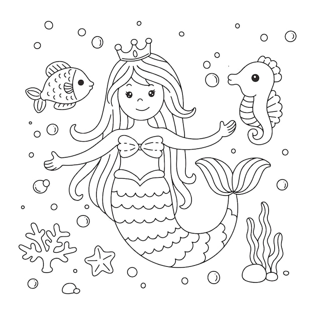 Premium vector cute little mermaid with fish and seahorse coloring page