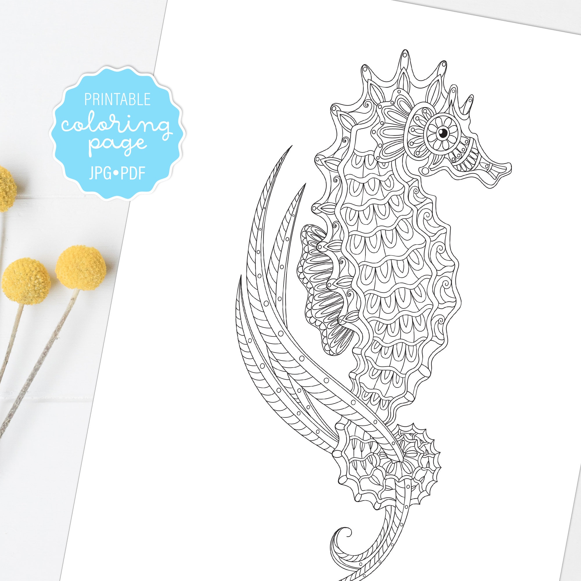 Tropical seahorse coloring page seahorse pattern adult coloring sheet tropical printable or digital