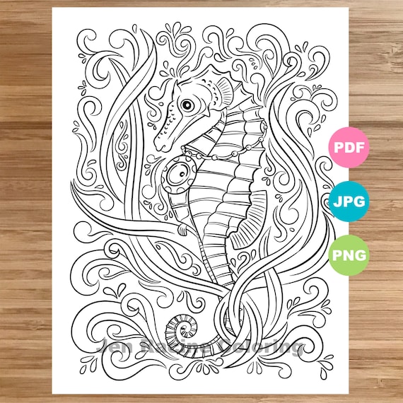 Seahorse coloring page magical animal animal art coloring page printable coloring pages for adults coloring pages for kids