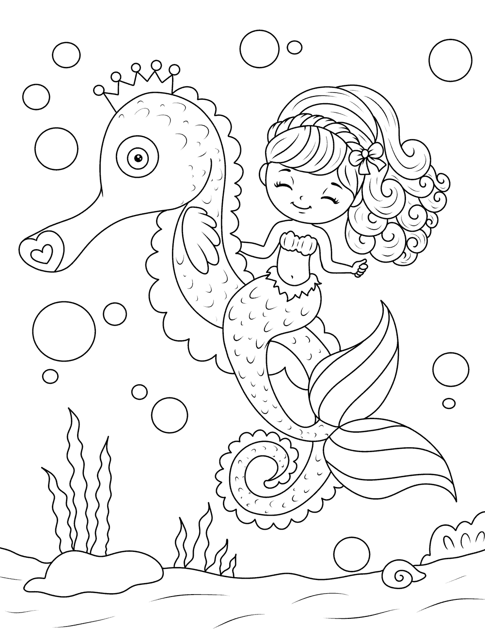 Mermaid on a seahorse coloring page