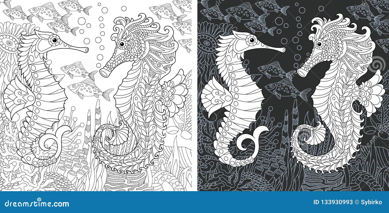 Coloring pages with sea horses stock vector