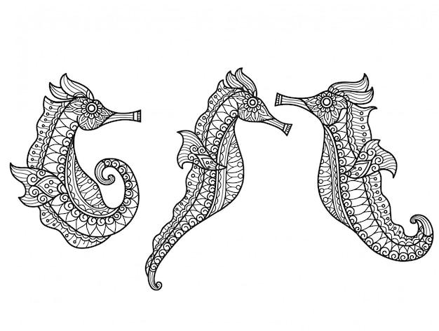 Premium vector seahorse pattern hand drawn sketch illustration for adult coloring book