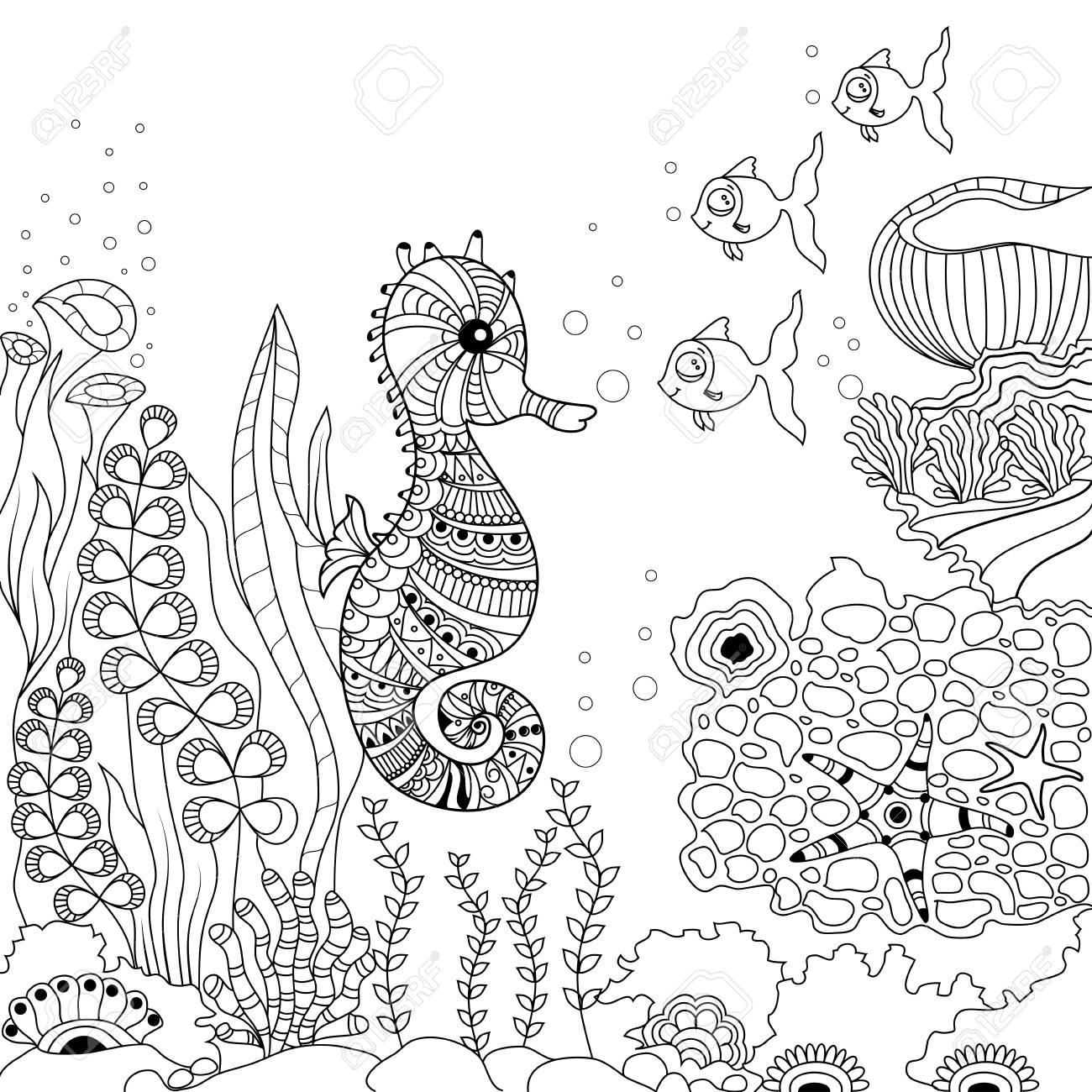 Seahorse illustration for adult and children coloring page tattoo wallpaper vector illustration royalty free svg cliparts vectors and stock illustration image